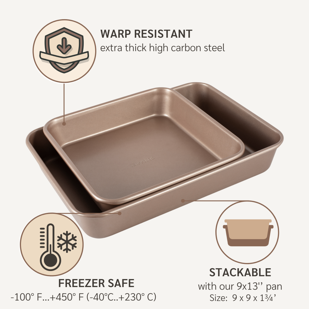 HAPPIELS nonstick PFOA, BPA free 9x9 baking pan non stick toxic 9x 9 pans best nontoxic x9 cake x square brownie 9 x 9 inch inches in 
