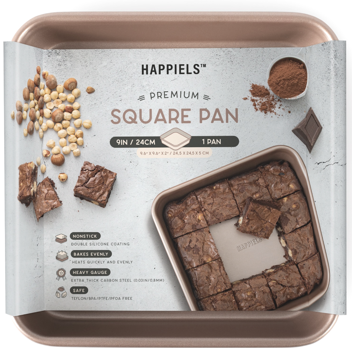 happiels 9 inch square baking brownie pan