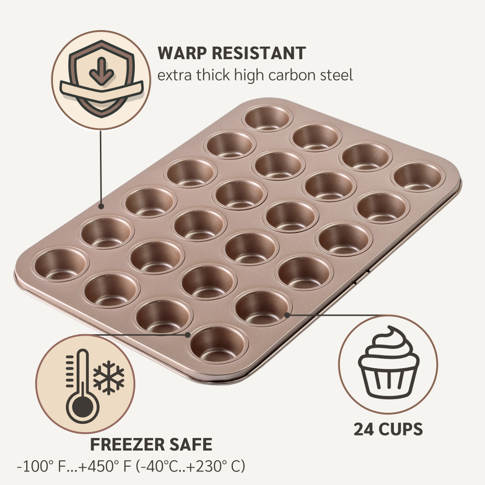 Happiels nonstick PFOA, BPA free mini muffin pan non stick toxic muffins pans best nontoxic cupcake tin cupcakes tins mold molds bakeware tray trays top rated carbon steel 24 cup cups